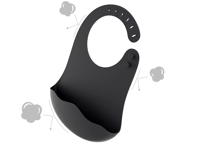Black baby bib on a white background with gray shapes