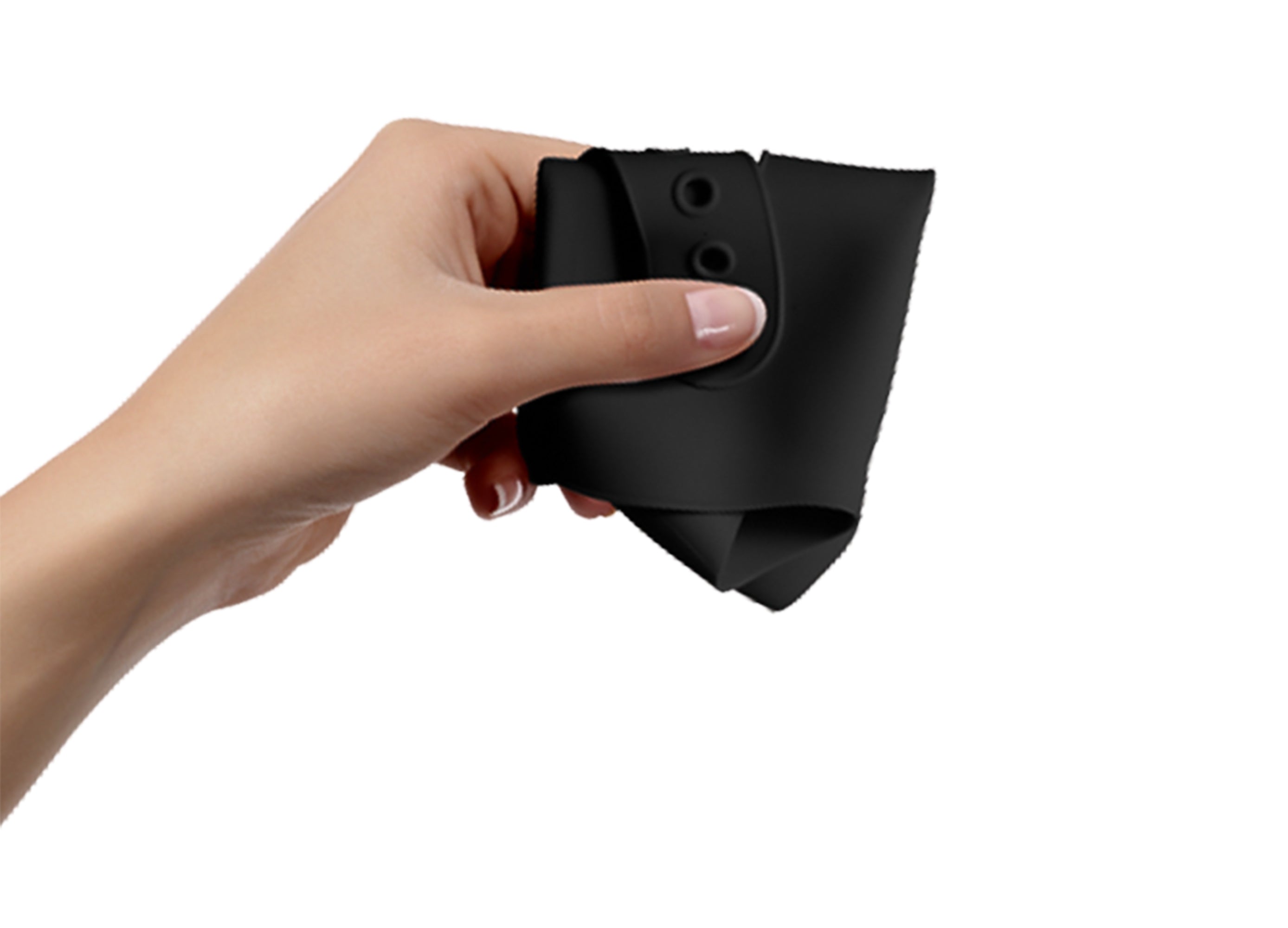 Black silicone bib folded up in hand