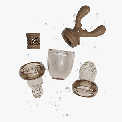 Set of brown and clear silicone products with 'HEORSHE' branding on a white background.