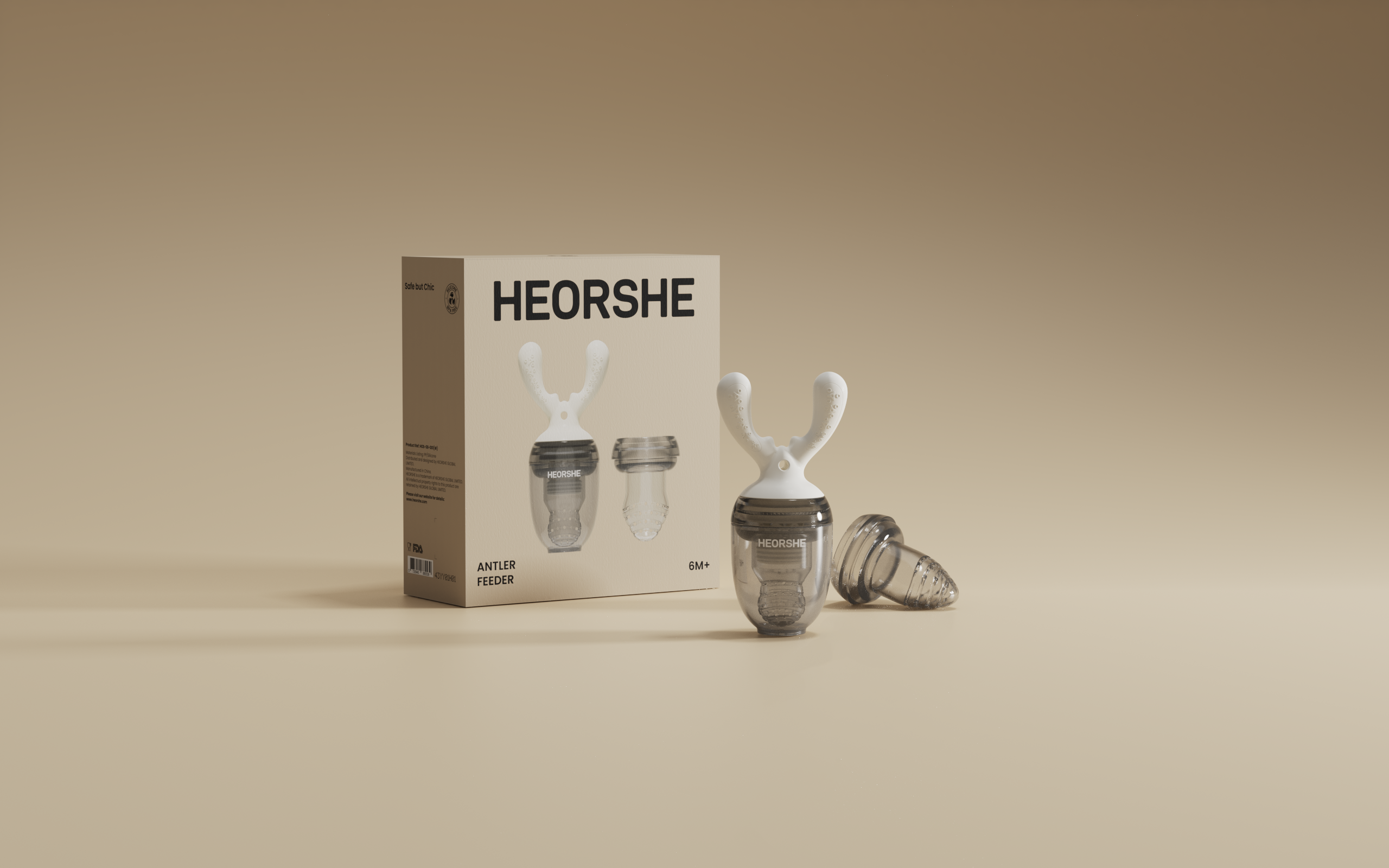 HEORSHE product packaging with baby mesh feeder and teether on a beige background
