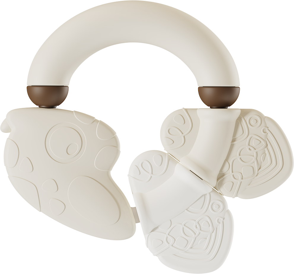 White baby teething ring with brown accents on a white background