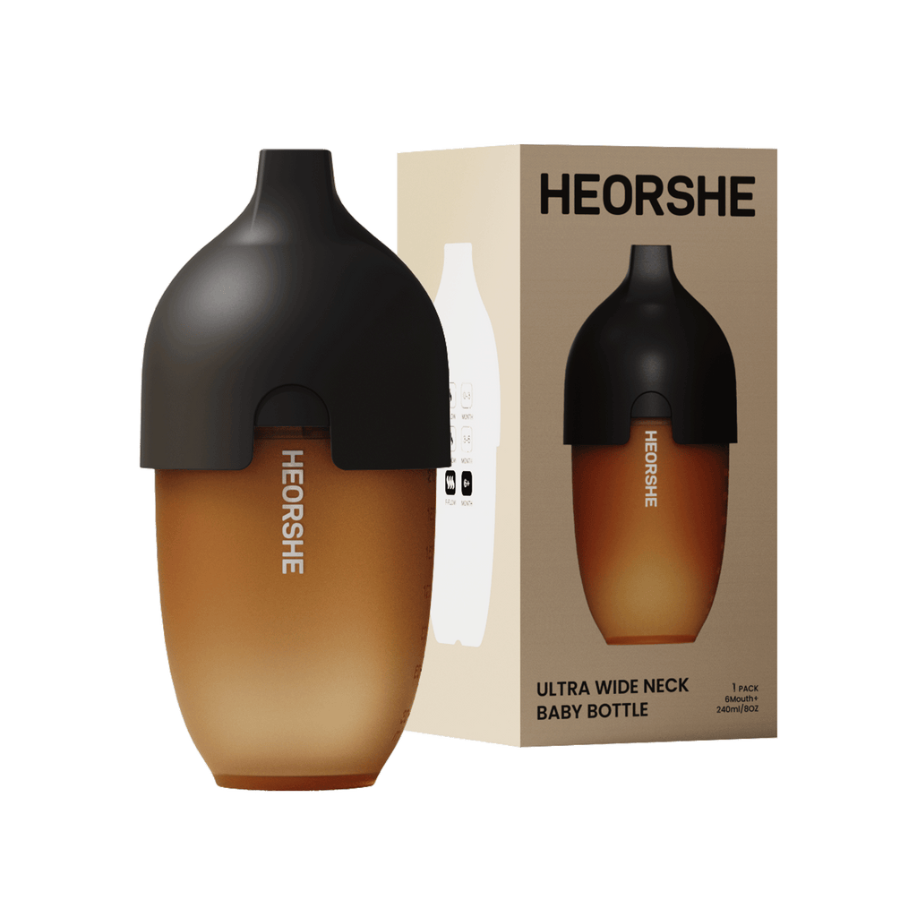 HEORSHE baby bottle with black cap and gradient design, next to its packaging box on a white background.