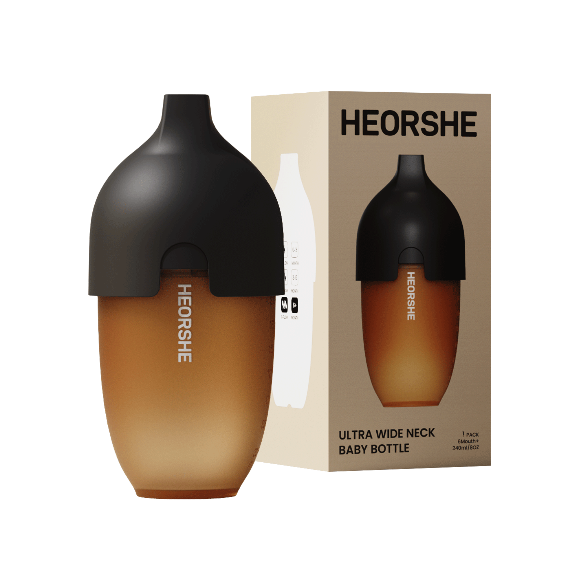 HEORSHE baby bottle with black cap and gradient design, next to its packaging box on a white background.