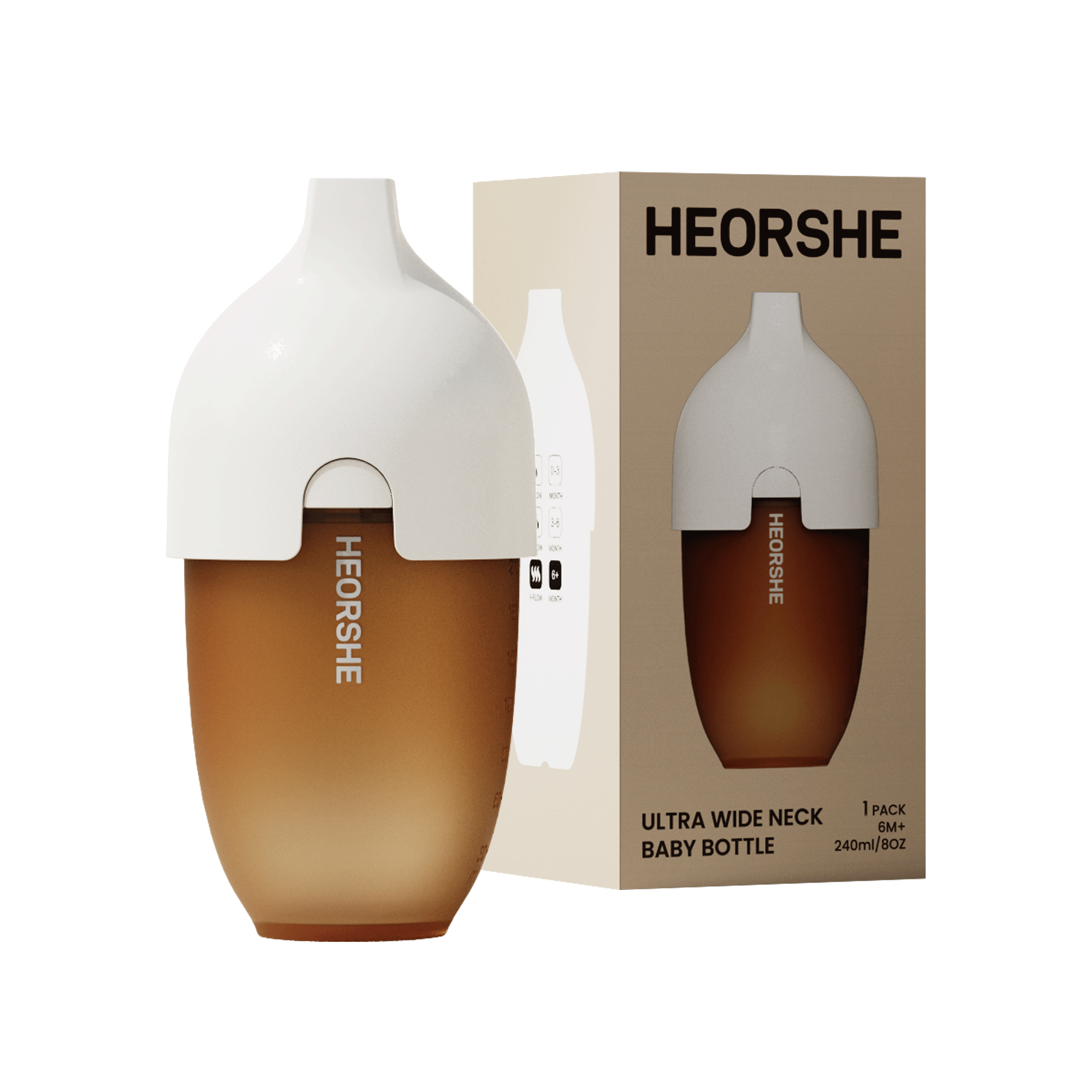 White and brown baby bottle with HEORSHE branding and packaging on a white background