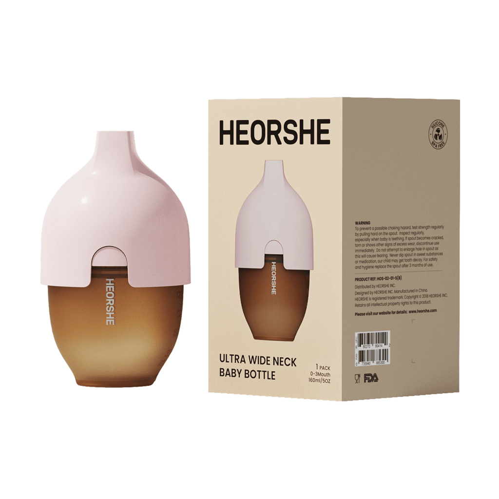 HEORSHE baby bottle with pink cap and brown body next to its packaging on a white background