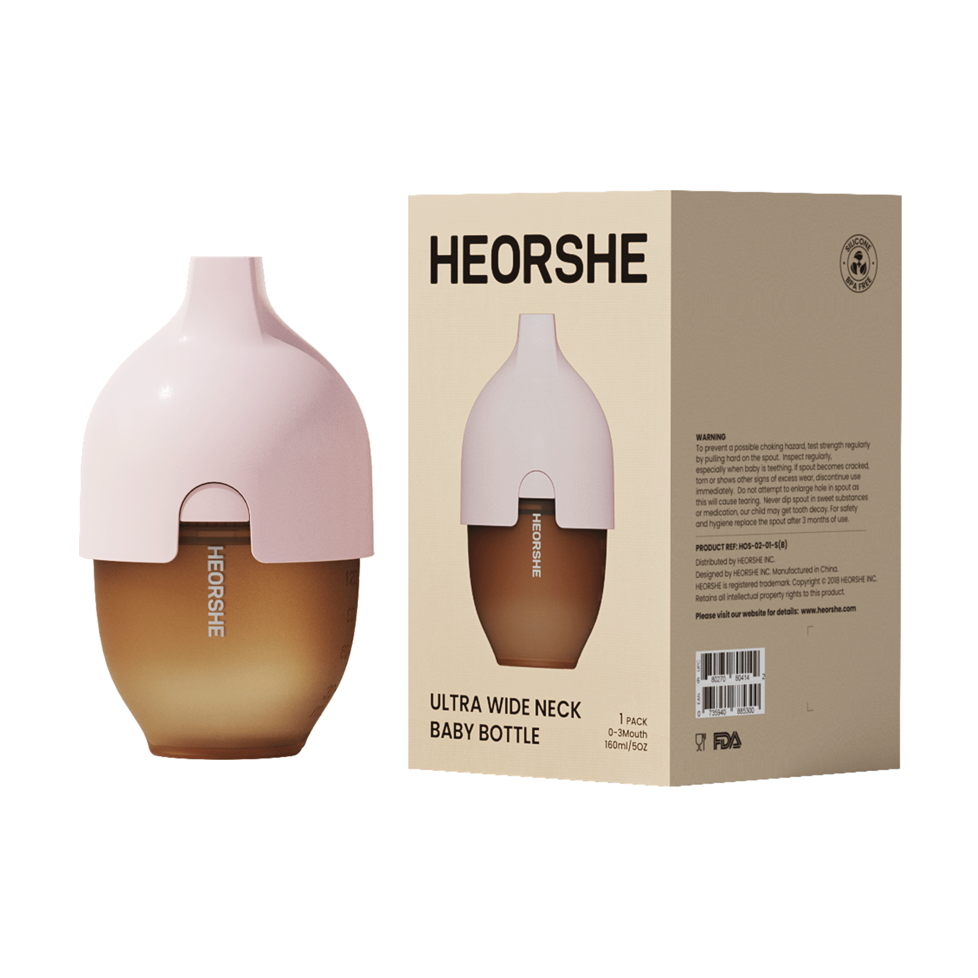 HEORSHE baby bottle with pink cap and brown body next to its packaging on a white background