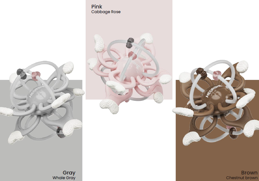 Three color options of teethers with 'Pink Cabbage Rose', 'Gray Whale Gray', and 'Brown Chestnut Brown' labels.