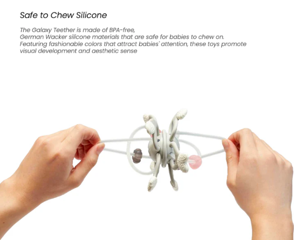 Hands holding a baby teether with text about safe to chew silicone materials.