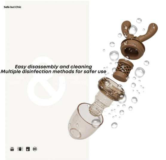 Disassembled mesh feeder with cleaning components on a white background, featuring text about easy disassembly and cleaning.