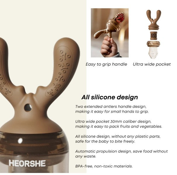 Silicone baby teether and mesh feeder with text highlighting features and HEORSHE branding