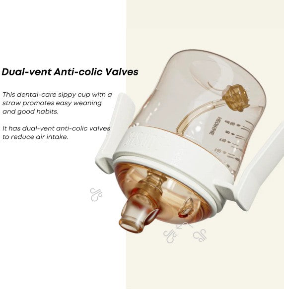 Dental-care sippy cup with dual-vent anti-colic valves on a white background