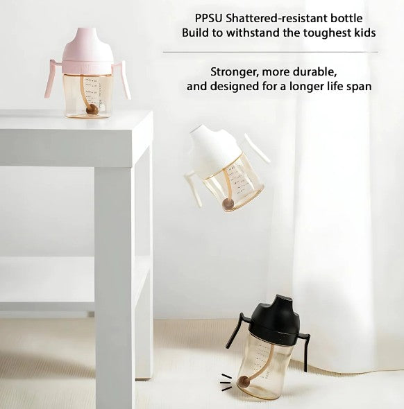 Shattered-resistant bottles on a white surface with text about durability.
