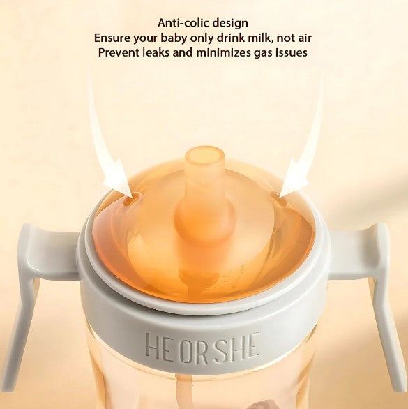 Baby sippy cup with anti-colic design feature on a light background