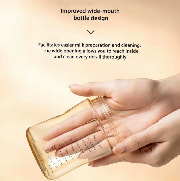 Hand holding a clear bottle with measurement markings on a beige background