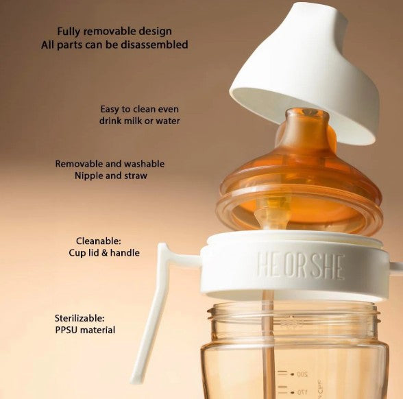 Bottle with detachable nipple and straw on a beige background, featuring text about product features.