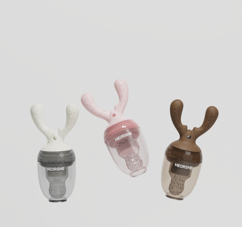 Three baby teething toys and mesh food feeders with different designs on a light gray background