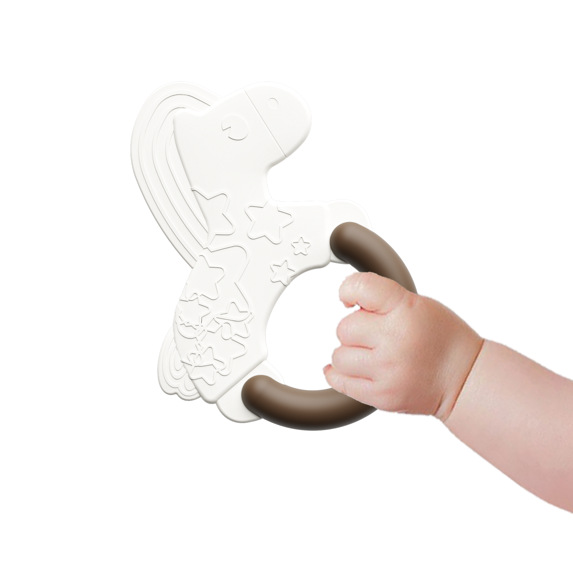 Baby hand holding a white and brown plastic toy rattle teether with dinosaur design on a white background