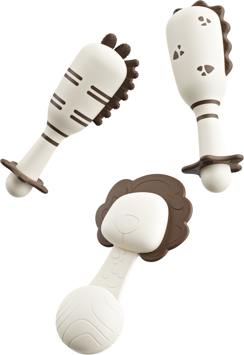 Three baby rattles with lion design on a white background